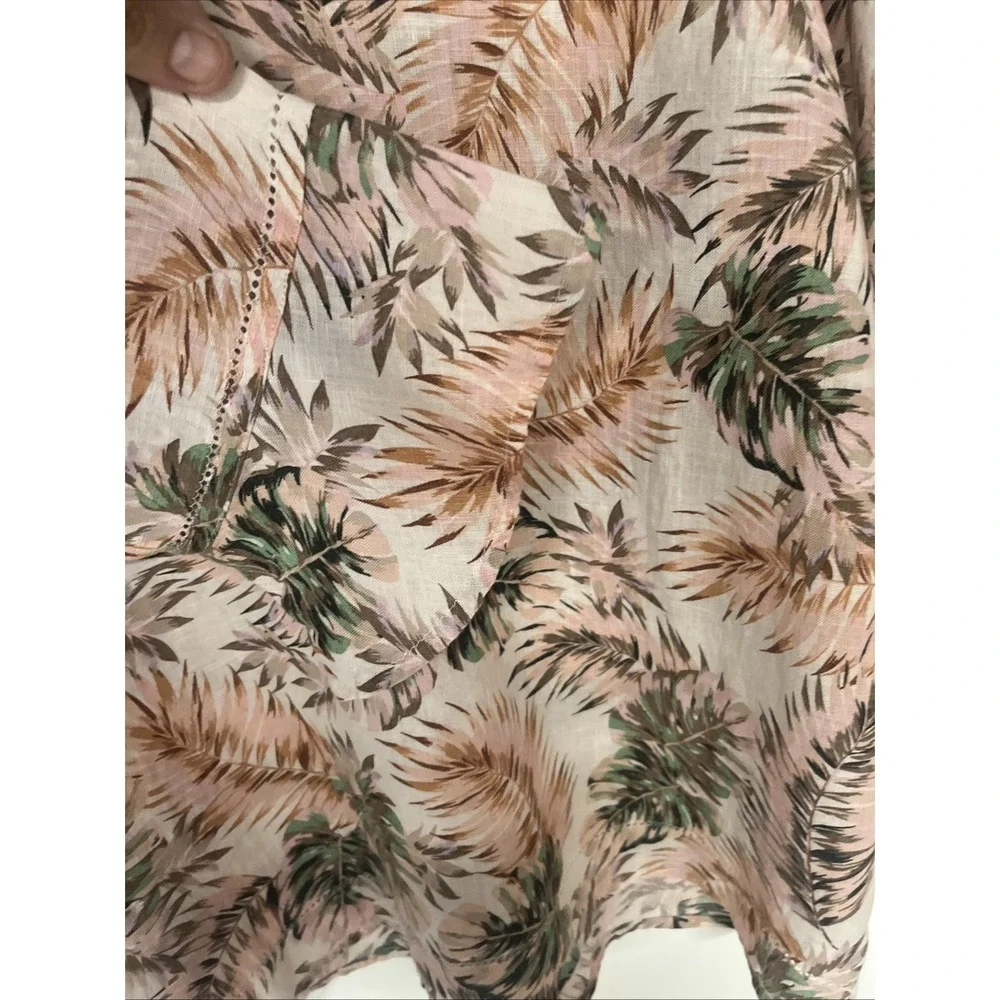J Jill Love Linen Top Womens M Pink Tropical Palm Print V Neck 100% Linen - Picture 5 of 12
